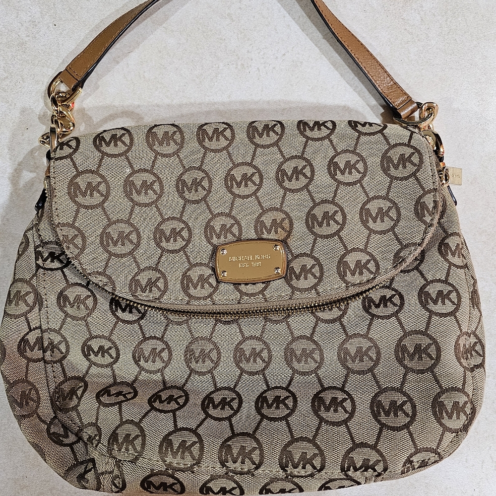Michael Kors Tan and Brown Logo Shoulder Bag